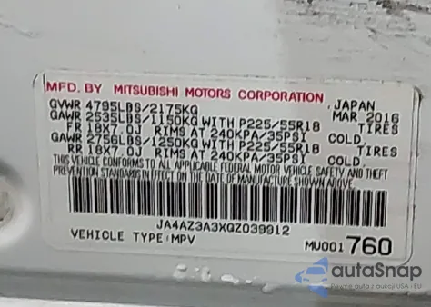 2016 Mitsubishi Outlander Es из США, поврежденный, VIN JA4AZ3A3XGZ039912